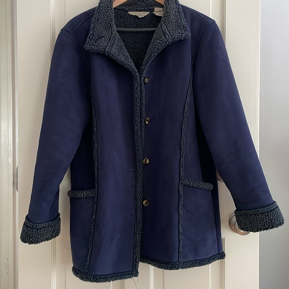 L.L. Bean Navy Faux Suede Sherpa Lined Jacket Coat Button Closure